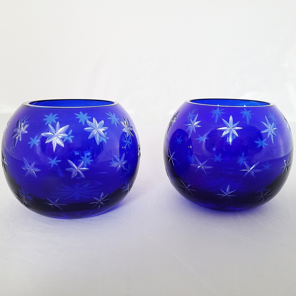 Vintage Cobalt Blue Cut to Clear Starburst Glass Votive Candle Holders Pair